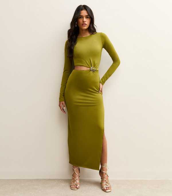 new look Green Cut Out Buckle Detail Long Sleeve Midi Dress