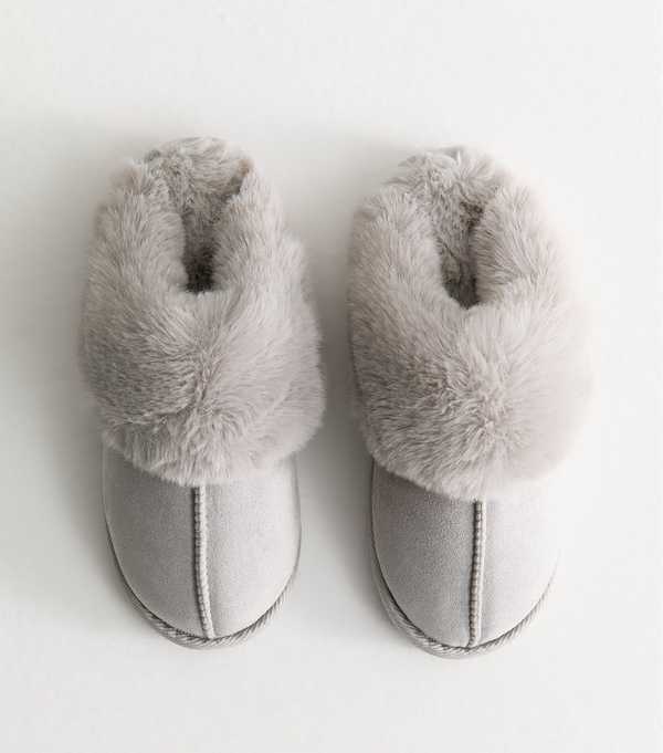 New Look Grey Faux Suede And Faux Fur Trim Slippers