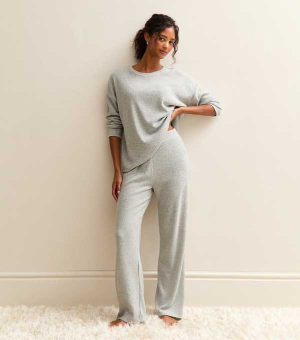 new look Grey Marl Brushed Ribbed Wide Leg Trousers