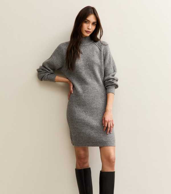 new look Grey Midweight Knit High Neck Mini Jumper Dress