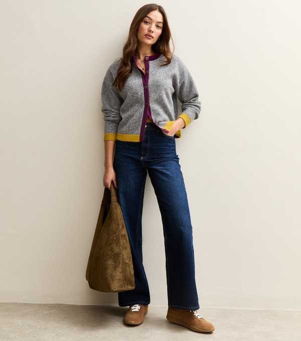 New Look Grey Purple And Dark Yellow Trim Colour Block Cardigan