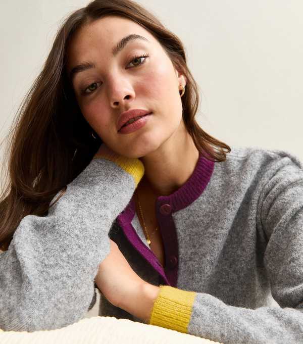 New Look Grey Purple And Dark Yellow Trim Colour Block Cardigan