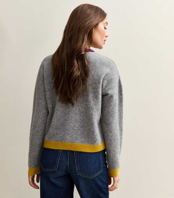 New Look Grey Purple And Dark Yellow Trim Colour Block Cardigan