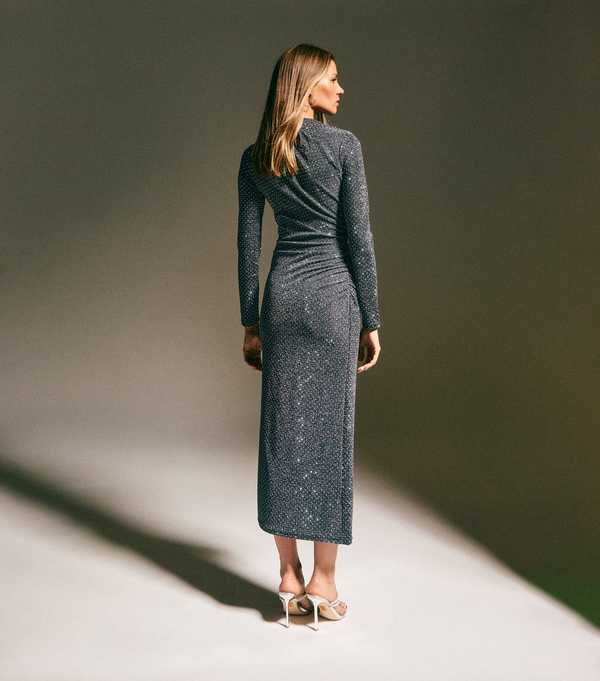 New Look Grey Sparkle High Neck Long Sleeve Midi Dress