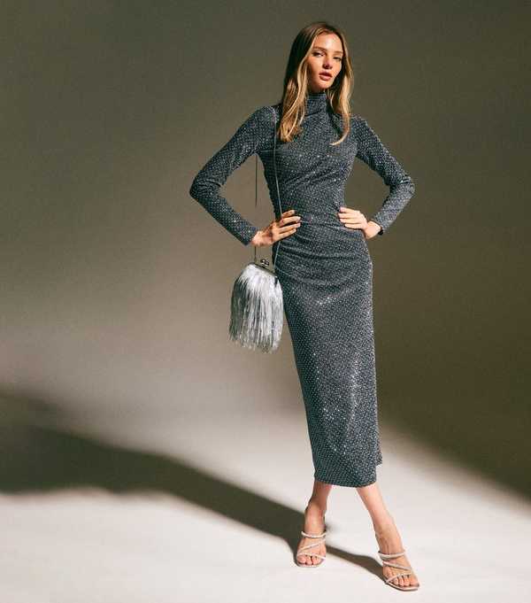 new look Grey Sparkle High Neck Long Sleeve Midi Dress