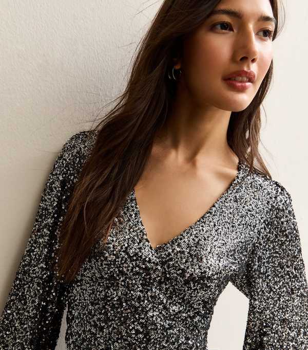New Look Gunmetal Sequinned Soft Touch Long Sleeve Top