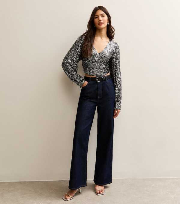 New Look Gunmetal Sequinned Soft Touch Long Sleeve Top