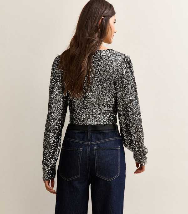 New Look Gunmetal Sequinned Soft Touch Long Sleeve Top
