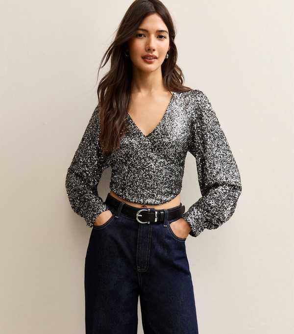 new look Gunmetal Sequinned Soft Touch Long Sleeve Top