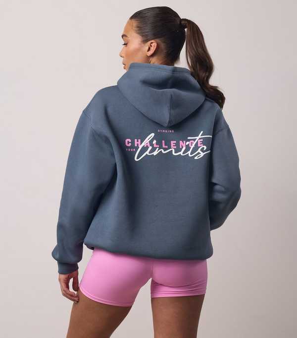 New Look Gym King Blue Challenge Your Limits Slogan Print Hoodie