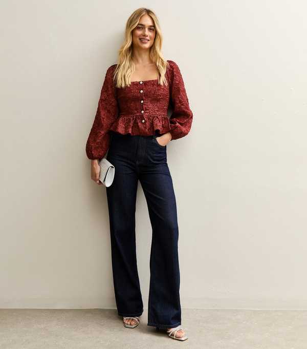 New Look Julie Jacquard Square Neck Neck Button Top