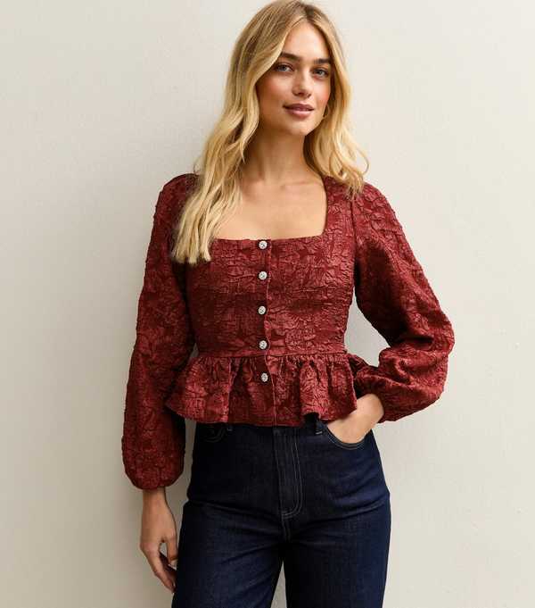 New Look Julie Jacquard Square Neck Neck Button Top