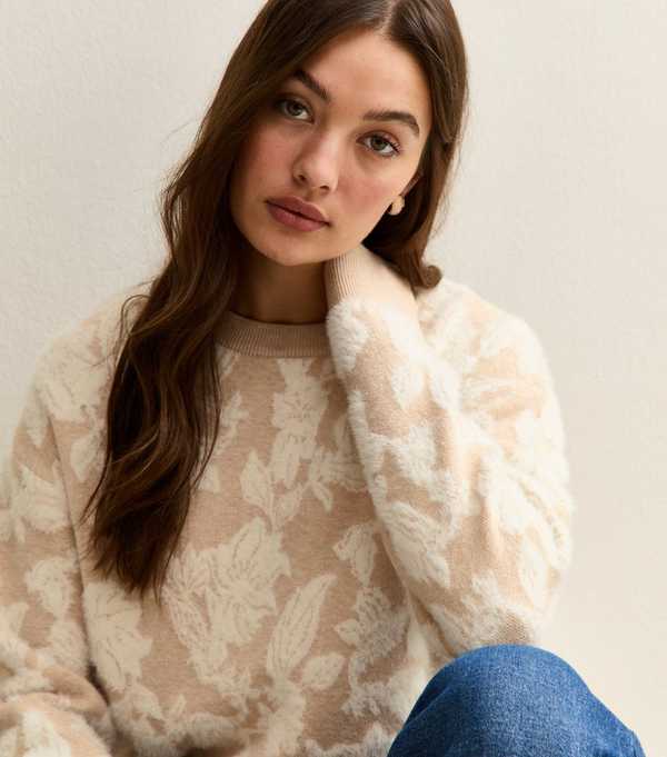 New Look Light Brown Brushed Floral Crew Neck Jumper