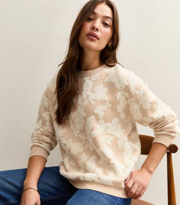 new look Light Brown Brushed Floral Crew Neck Jumper