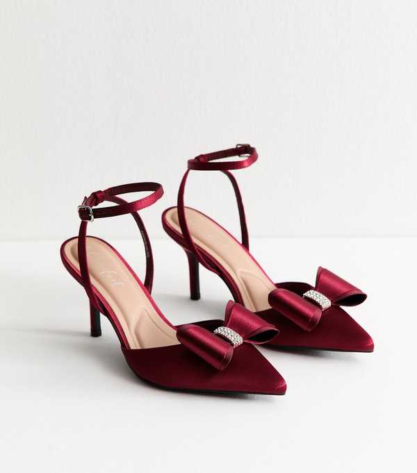 New Look Light Burgundy Satin Bow Embellished Stiletto Heels