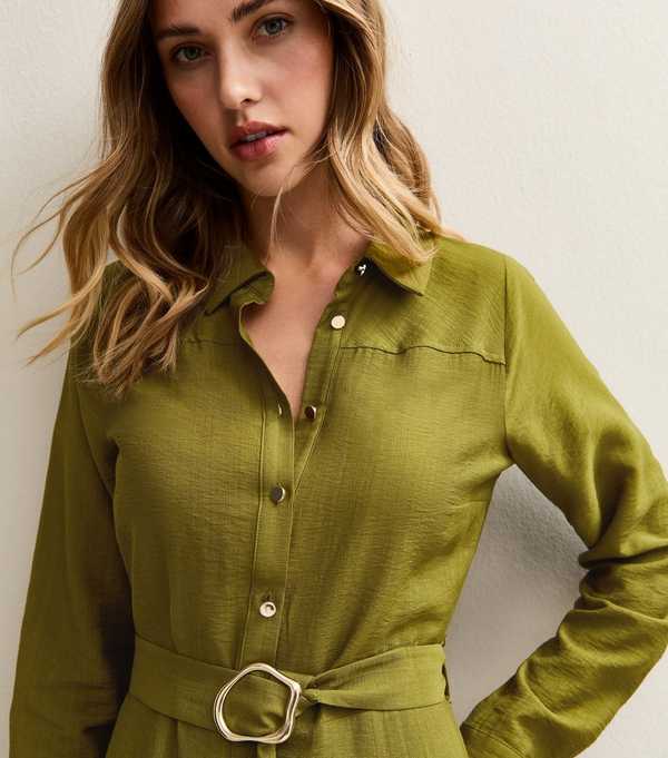 New Look Light Khaki Long Sleeve Belted Midi Shirt Dress