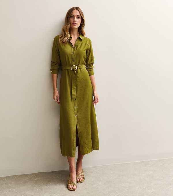 New Look Light Khaki Long Sleeve Belted Midi Shirt Dress