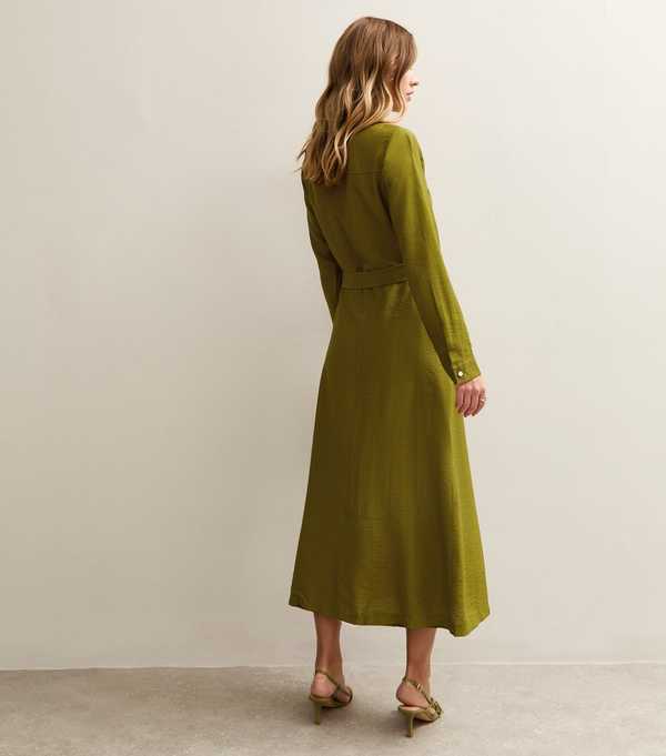 New Look Light Khaki Long Sleeve Belted Midi Shirt Dress