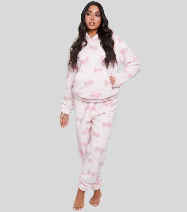 New Look Loungeable Pink Bow Detail Bow Fleece Pyjama Set