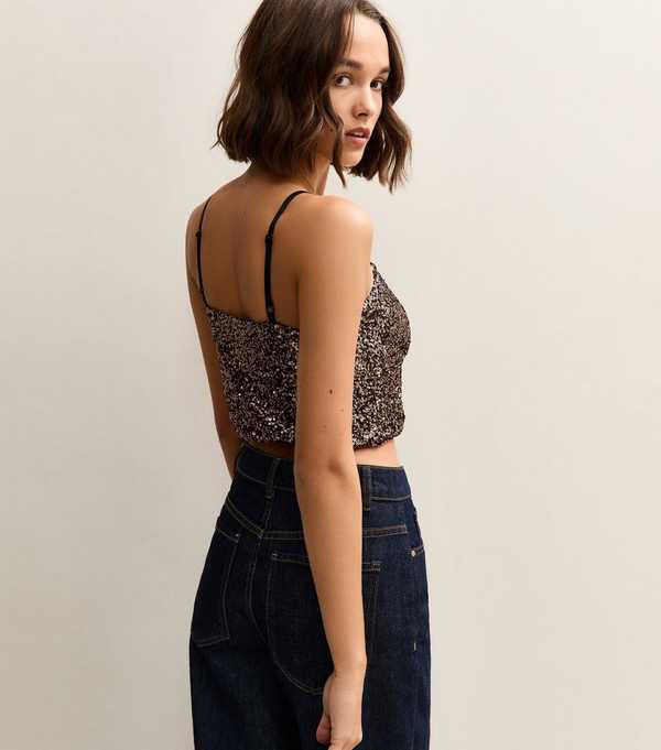 New Look Mid Brown Sequinned Soft Touch Cami Crop Top
