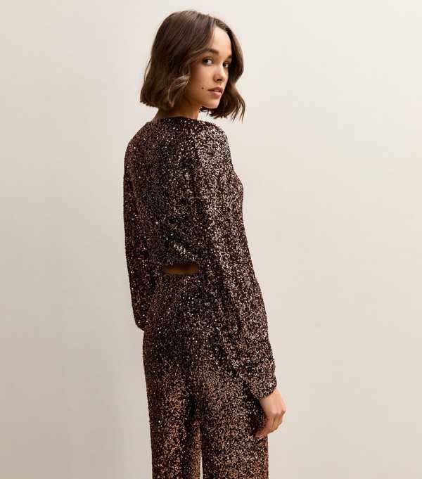 New Look Mid Brown Sequinned Soft Touch Long Sleeve Top