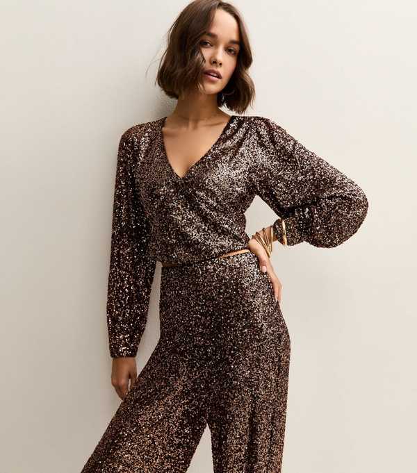 new look Mid Brown Sequinned Soft Touch Long Sleeve Top