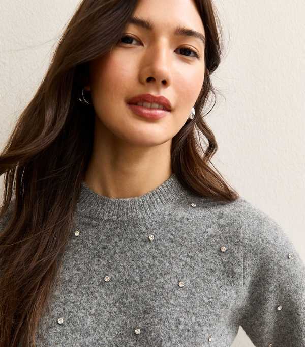 new look Mid Grey Diamanté Embellished Short Sleeve Top