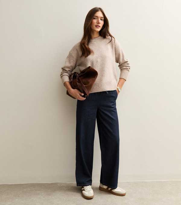 New Look Navy Denim Wide Leg Drawstring Waist Jeans