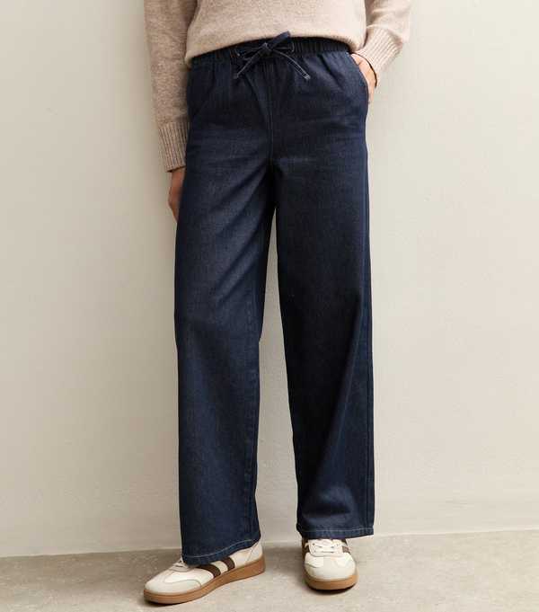New Look Navy Denim Wide Leg Drawstring Waist Jeans