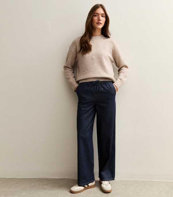 new look Navy Denim Wide Leg Drawstring Waist Jeans