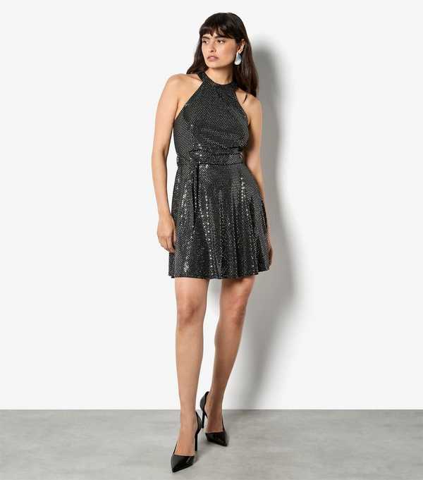 New Look Apricot Black Heatseal Halterneck Dress