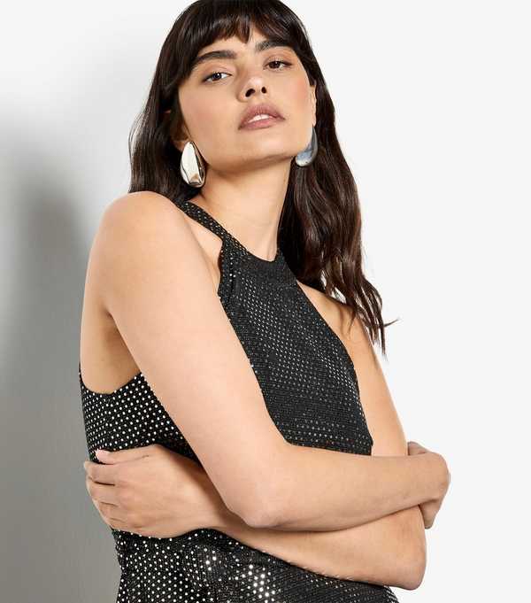 New Look Apricot Black Heatseal Halterneck Dress