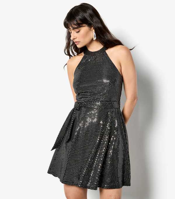 new look Apricot Black Heatseal Halterneck Dress