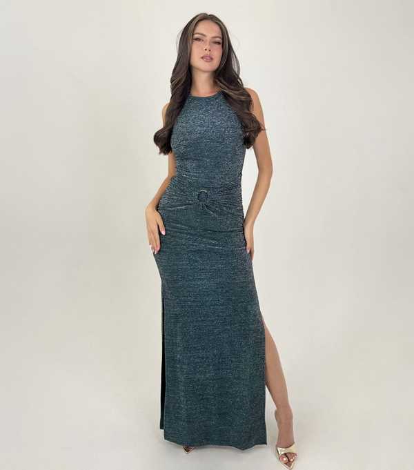 new look AX Paris Teal Sparkle O-Ring Midi Dress