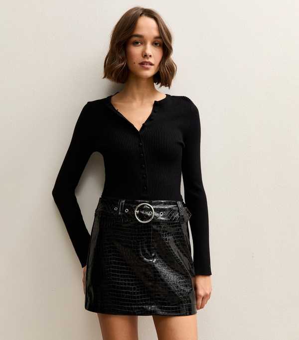 New Look Black Belted Croc Embossed Mini Skirt