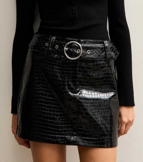 New Look Black Belted Croc Embossed Mini Skirt