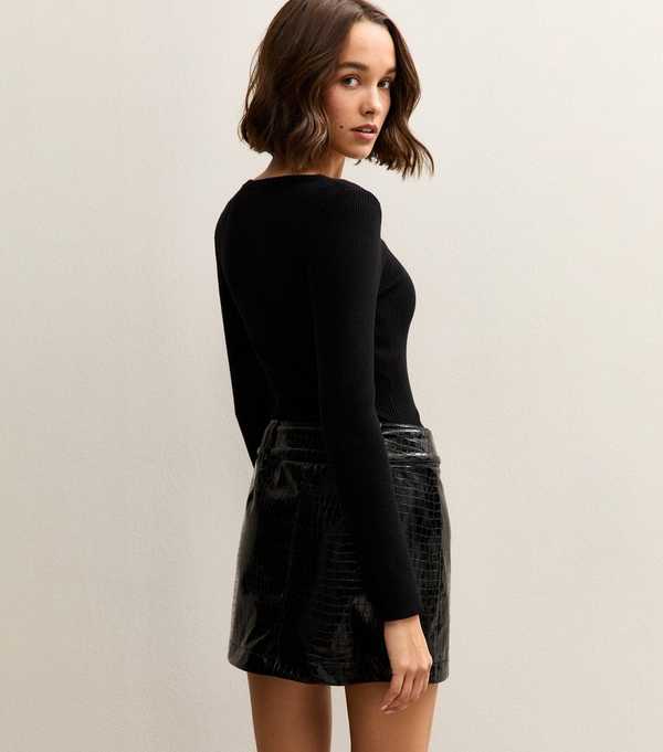 New Look Black Belted Croc Embossed Mini Skirt