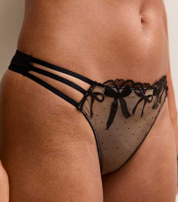 New Look Black Bow Embroidered Mesh Thong