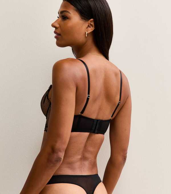 New Look Black Bow Embroidered Mesh Thong