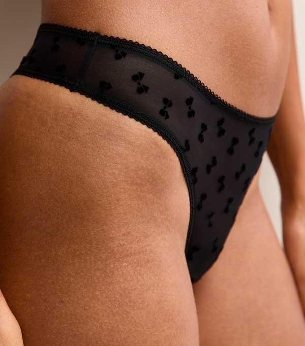 New Look Black Bow Flock Mesh Thong