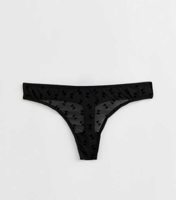 New Look Black Bow Flock Mesh Thong