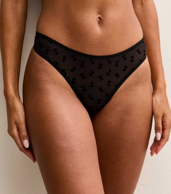 new look Black Bow Flock Mesh Thong