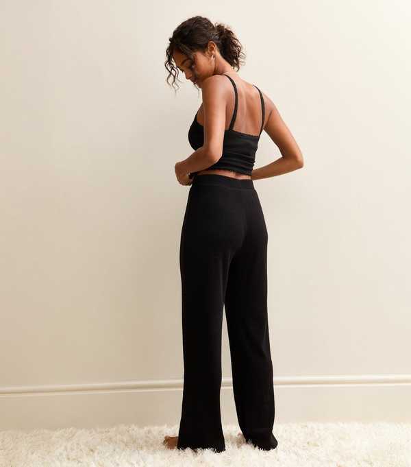 New Look Black Brushed Ribbed Wide Leg Trousers