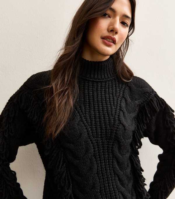New Look Black Cable Knit Looped Fringe Jumper