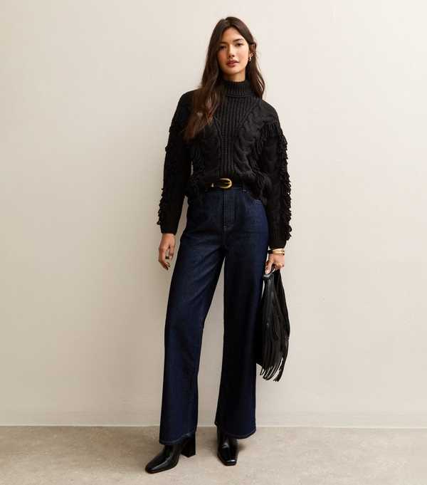New Look Black Cable Knit Looped Fringe Jumper