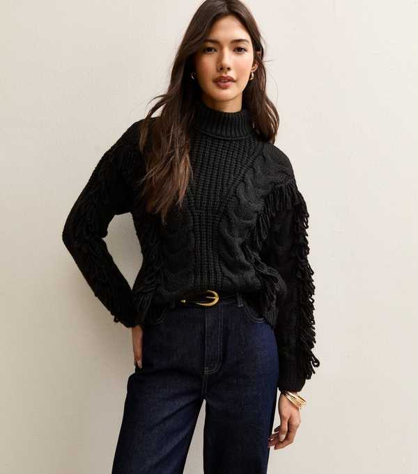 New Look Black Cable Knit Looped Fringe Jumper