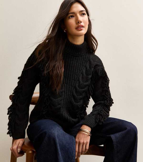 new look Black Cable Knit Looped Fringe Jumper