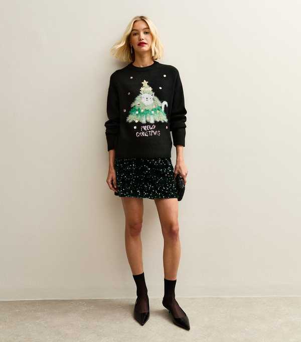 New Look Black Cat Design Christmas Jumper