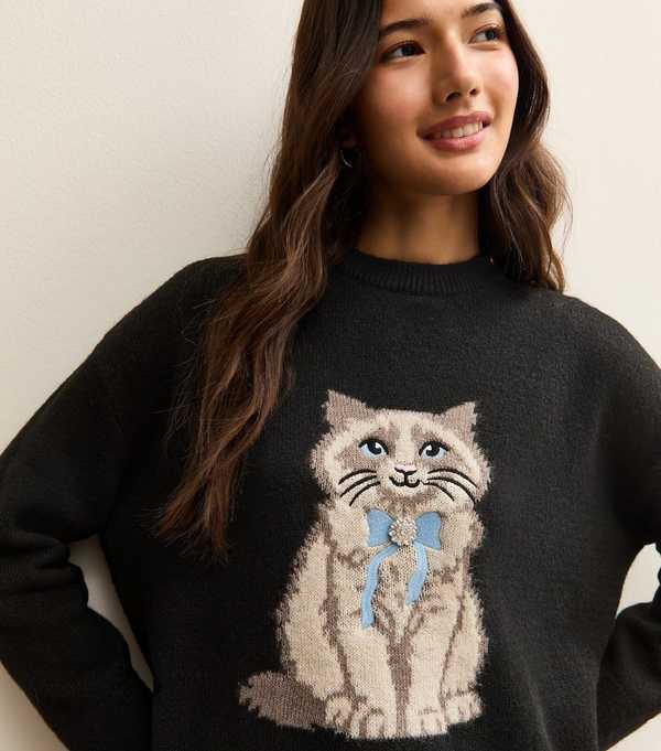 new look Black Cat Motif Longline Jumper