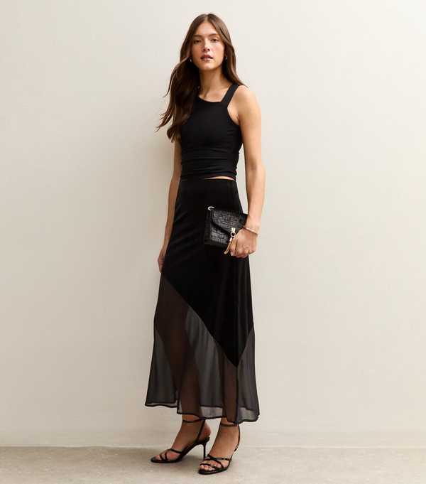 New Look Black Chiffon And Velvet Midi Skirt